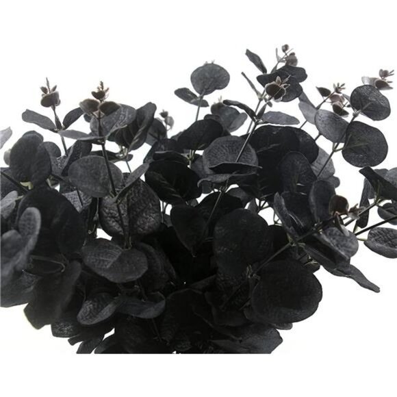 6 Pcs Artificial Black Eucalyptus with Stems, 14", Black Silk - Picture 2 of 7